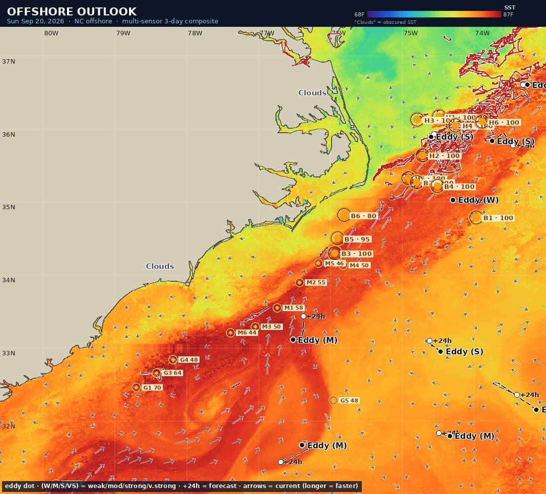 Offshore Outlook briefing map: SST raster of the Carolina coast with numbered gold hot-spot markers, labelled eddies, current arrows, cloud mask and legend